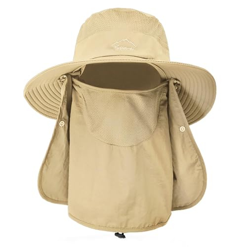 Sun Hats for Men Women Fishing Hat UPF 50+ Breathable Wide Brim Summer UV Protection Hat with Face Cover & Neck Flap (Khaki(with Face Cover & Neck Flap ))