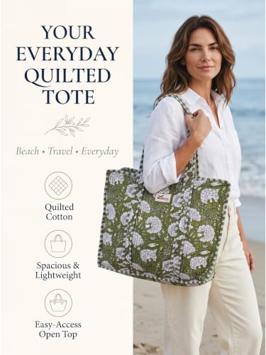 100% Cotton Quilted Tote Bag For Women (Olive Garden)
