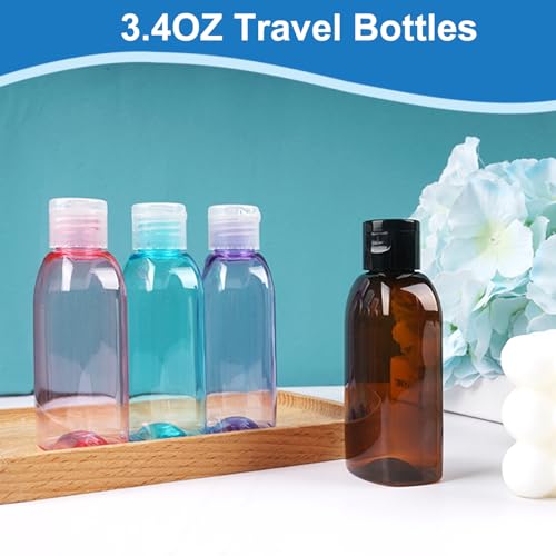 Travel Size Containers Travel Shampoo Bottles 4pcs 3.4oz TSA Approved Travel Containers for Toiletries Leak Proof Refillable Lotion Containers with Flip Cap Small Plastic Squeeze Bottles (3.4oz Colorful - 1 Brown)