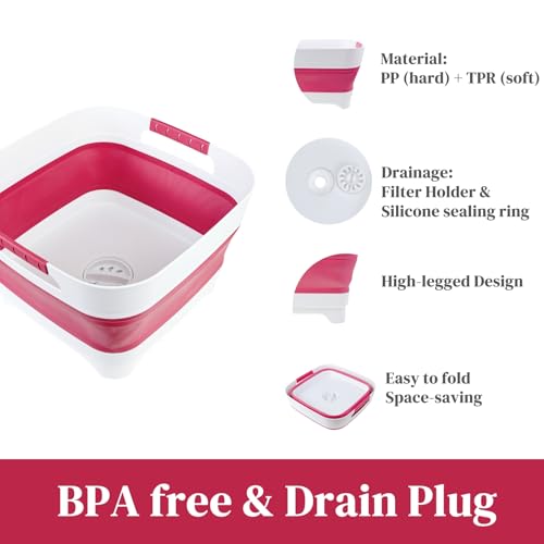 2.6 Gal Collapsible Baby Bottle Wash Basin with Drain Plug (Magenta)