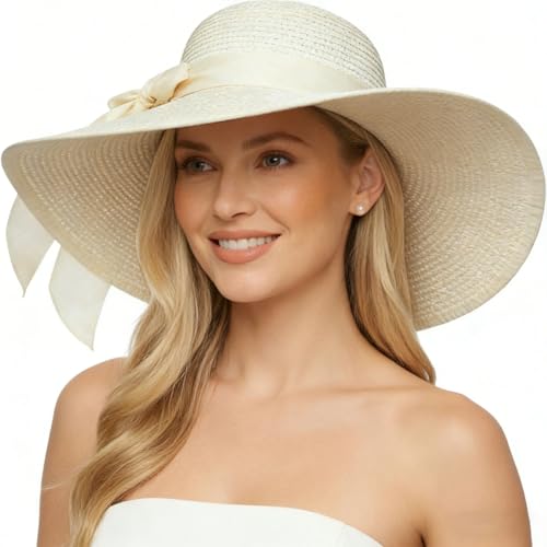 Womens Bowknot Straw Hat Foldable Beach Sun Hat Roll up UPF 50+ (Beige 5.9)