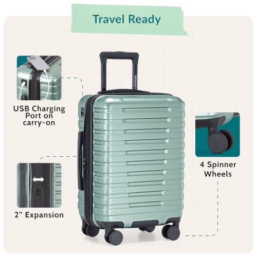 Boren Expandable Hardside Rugged Travel Luggage with 8 Spinner Wheels (Carry-on 22-Inch, USB Port in Carry-On / Metallic Lime Green)