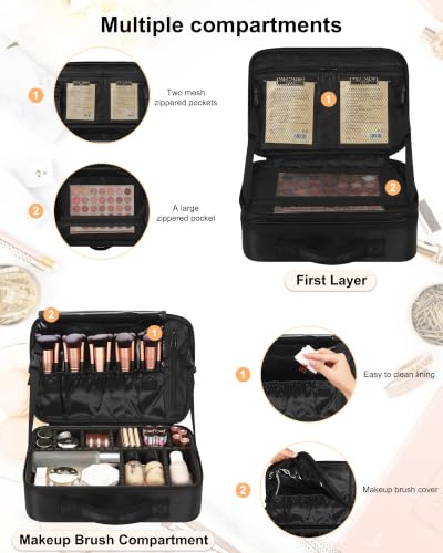 Makeup Bag Travel Makeup Train Case Large Cosmetic Case Professional Portable Makeup Brush Holder Organizer and Storage with Adjustable Dividers and Shoulder Strap Black (Medium / Black)