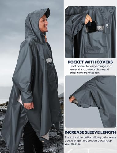 Hooded Rain Poncho for Adult Waterproof Lightweight Raincoat (Dark Grey)