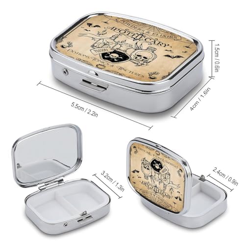 Metal 2 Compartment Pill Organizer Travel Friendly Portable Compact Pill Box Cute Pill Case to Hold Vitamins (Bottles and Skeletons)
