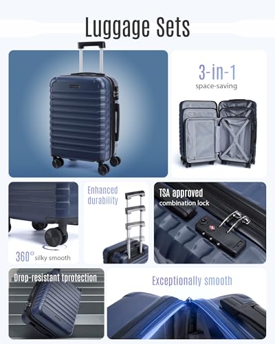 Luggage Sets 3 Pcs Suitcase with Wheels (Dark Blue / 3-Piece Set-20 Inch/24 Inch/28 Inch)