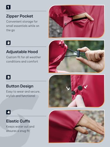 Adult Rain Poncho Waterproof Hooded Zipper Raincoat with Pockets (One Size / Rose Red)