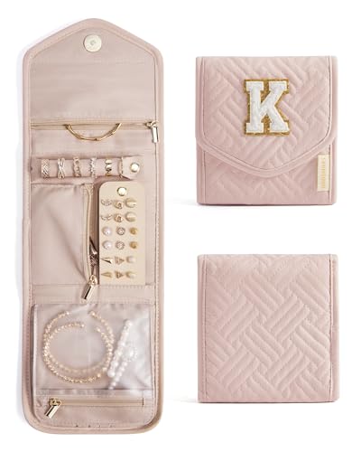 Travel Jewelry Organizer Case K Initial Jewelry Roll (Small / Pink-K)