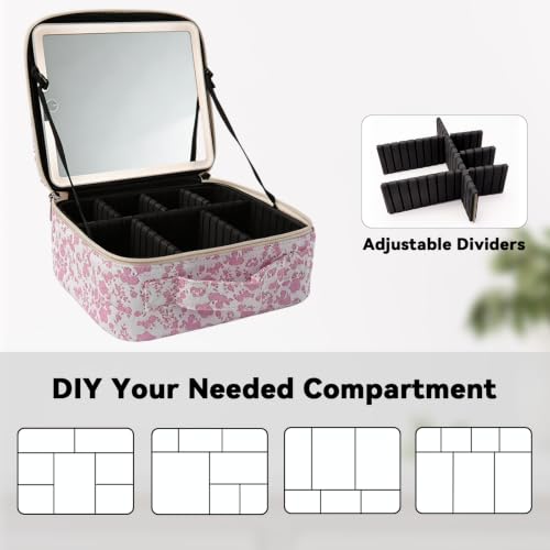 Travel Makeup Bag with LED Mirror Toiletry Bag for women with 3 Lighted Settings (Red Flower / With LED Mirror Only)