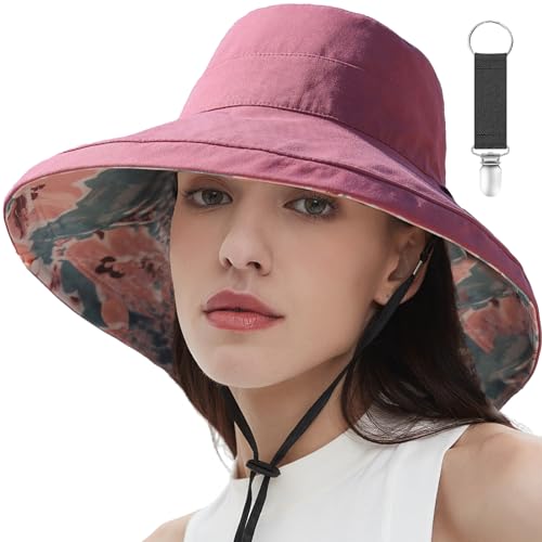 Womens Sun Hats Wide Brim Reversible Bucket Cotton Hat Packable Summer Travel Cap with Hat Clip (Medium / Red)