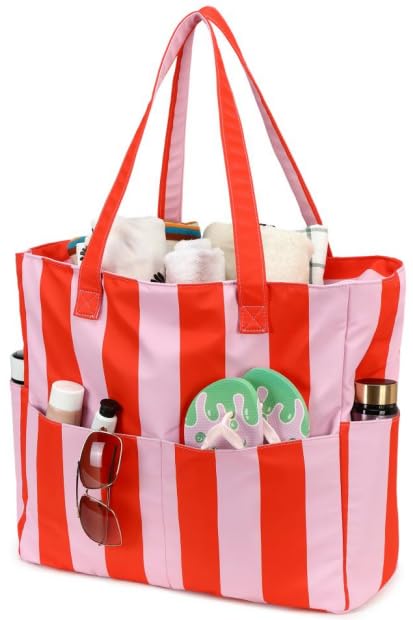 Beach Bag Waterproof Sandproof Women Beach Tote Pool Bag with Zipper for Gym Grocery Travel with Wet Pocket (Pink Orange)