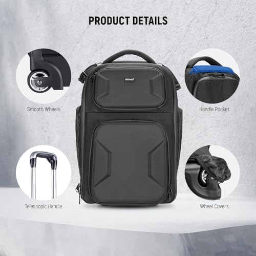 2 in 1 Camera Roller Bag with Detachable Shockproof Dividers Retractable Handle Waistband Rain Cover Water Resistant Robust Carry On Backpack for Camera Tripod Flash Lens Laptop (Pb027)