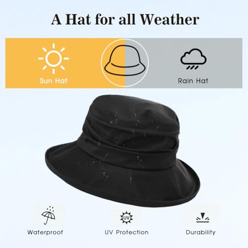 Women's Waterproof UPF 50+ Wide Brim Packable Rain Hat (737_black / Large)