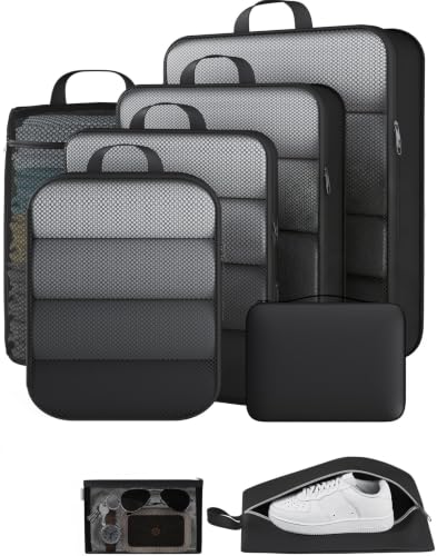 8 Set Compression Packing Cubes for Travel Essentials (Black(Toiletry Bag) / 8 set)