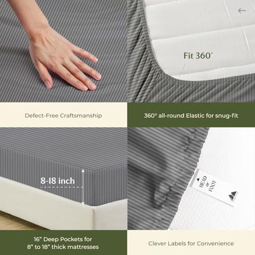 100% Egyptian Cotton Queen Size Sheets Set (Queen / 22 - Striped Dark Grey)