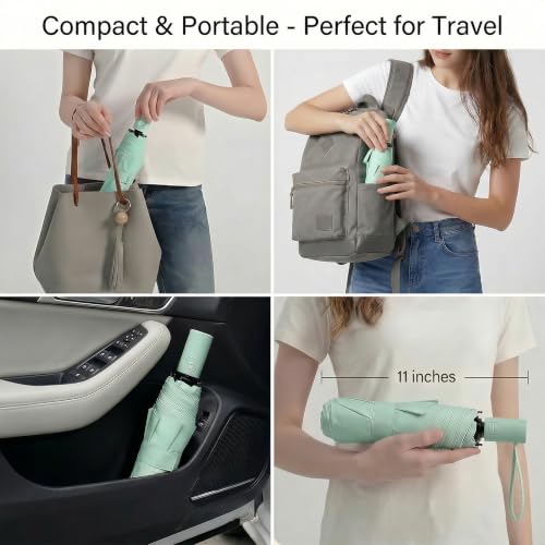 Small Compact Travel Umbrella with UV Protection for Sun & Rain (G-2 Pack Light Green & Beige)