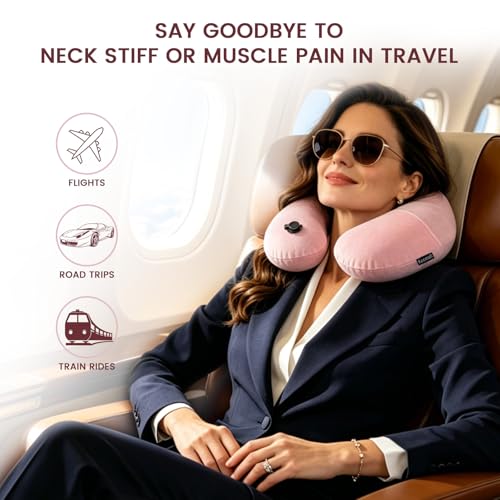 Inflatable Travel Neck & Shoulder Pillow for Airplanes&Long Trips (Pastel Pink / Medium)