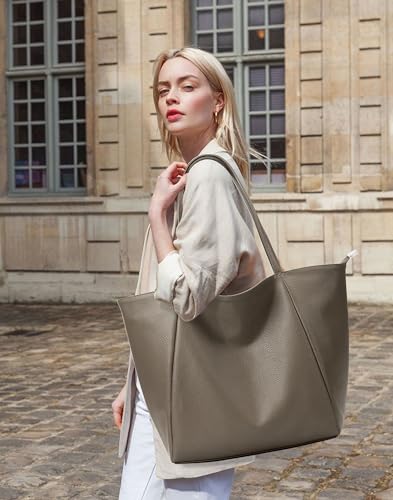 Large Tote Bag Vegan Leather 16L Casual Zipper Work Weekender (Greyish)