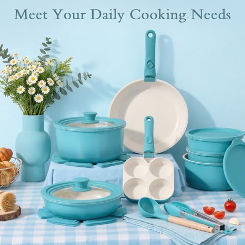 21PCS Pots and Pans Set Nonstick Cookware Set with Detachable Handle (Light Blue Gradient / 21PCS-Big Size)