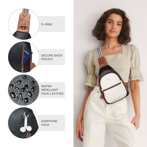 Sling Bag For Women Fanny Pack Crossbody Travel Shoulder Belt Bags Tote Backpack Purse Faux Leather (Black & White W/Brown Trim)