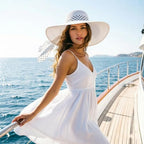 Wide Brim Sun Hat for Women Floppy Straw Hat Summer Beach Hats Fashionable Trendy Hats Sun Protection UPF 50+ (1 Pack With Polka Dot Bow: White)