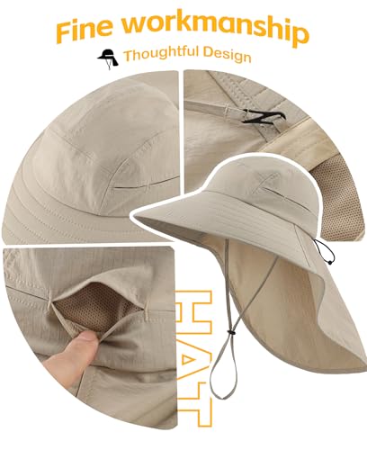 UPF 80+ Sun Hat for Men Women Wide Brim Sun Hat with Neck Flap Summer Safari UV Protection Gardening Fishing Hat Khaki (Khaki)