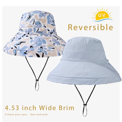 Womens Sun Hats Wide Brim Reversible Bucket Cotton Hat Packable Summer Travel Cap with Hat Clip (Medium / Blue)