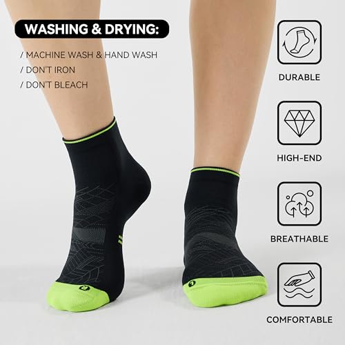 Ankle Compression Running Athletic Socks for Men Women (Large-X-Large / Black + Green (5 Pairs))