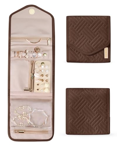 Travel Jewelry Organizer Case Foldable Jewelry Roll (Small / Coffee Brown)
