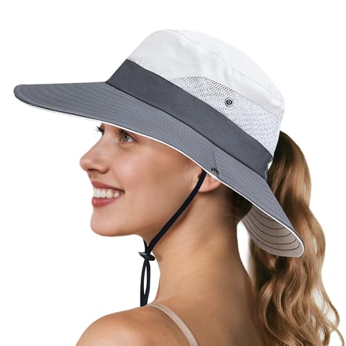 Ponytail Sun Hats for Women UPF 50+ Beige (One Size / Beige/Grey(ponytail Hole))