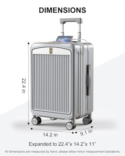 Carry on Luggage Airline Approved (Silver Grey-Expandable / Front Pocket)