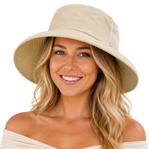 Sun Hat for Women Wide Brim SPF 50 UV Protection with Chin Strap Packable Bucket Hat for Travel Beach Outdoor Summer Waterproof Lightweight Gardening H iking Fishing Camping Khaki L (Khaki / Large)