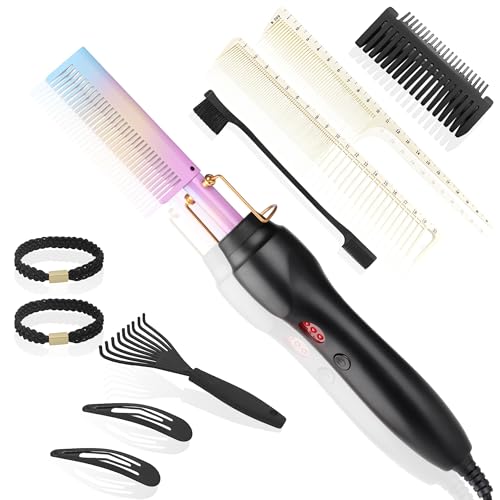 Electric Hot Comb Hair Straightener Heat Pressing Comb Curling Flat Iron Curler Hair Straightener Brush for Natural Black (Multicolored)