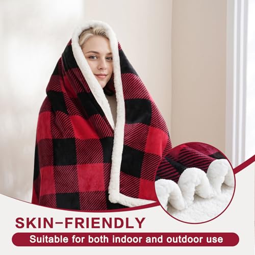Sherpa Fleece Throw Blanket 80" x 90" Reversible Plush Fluffy Large Big Blanket Lattice Flannel Blankets for All Season Use (Red and Black / 80"*90")
