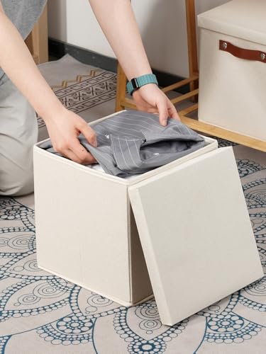 Foldable Fabric Storage Bins with Lids (10.5×10.5×10.5 / Beige)