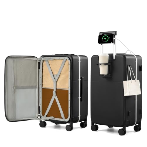 24 Inch Top Opening Checked Luggage with Cup Holder and USB Ports (Jet Black / 24 Inch Pro)
