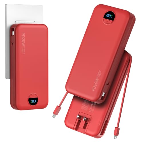 Portable Charger Power Bank 20000mAh with Built in Cables & Wall Plug (Red)
