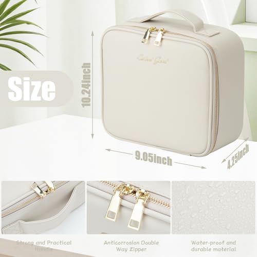 Makeup Travel Train Case with Mirror LED Light 3 Adjustable Brightness Large Cosmetic Bag Portable Storage Adjustable Partition Waterproof Make up Brushes Makeup Jewelry Gift for Women (Light Gray)