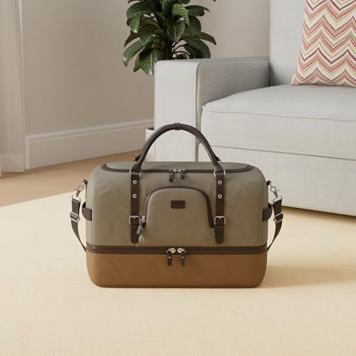 Nerlion Green Large Weekender Overnight Duffel Bag with Shoe Compartment and Leather Accents (Green)
