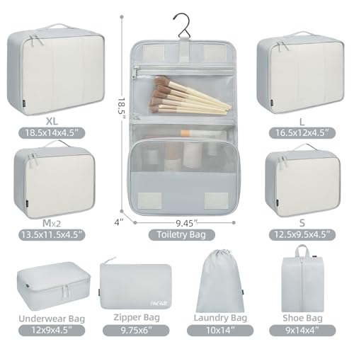 10 Set Packing Cubes Various Sizes Packing Organizer for Travel Accessories Luggage Carry On Suitcase (10-LightGrey / 10 Set-full Mesh)