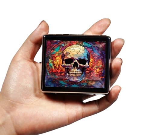 Silver Vintage Pill Box 7 Day Metal Pill Box with Mirror and 8 Compartments Cute Travel Pill Organizer for Purse (Stained Glass Colorful Skull)