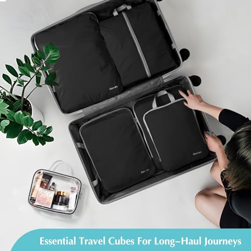 6 Piece Compression Packing Cubes with Shoe Bag (6-Black / 6 Set)