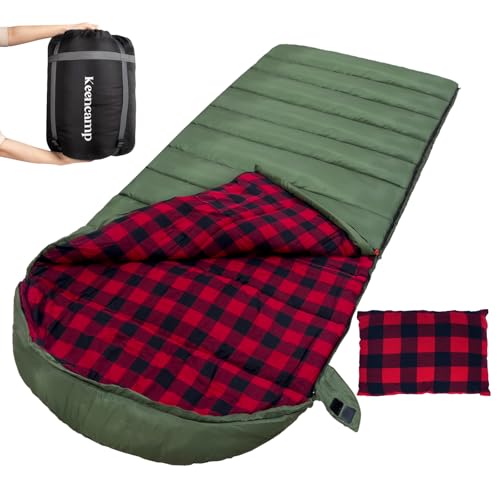 0 Degree Sleeping Bag Cotton Flannel Winter Cold Weather for Adults XXL Sleeping Bag 4 Season Big and Tall with Pillow Compression Sack (OLIVE_R)