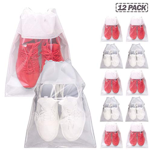 12 Pack Portable Shoe Bags for Travel Large Shoes Pouch Storage Organizer Clear Window with Drawstring for Men and Women White (White)