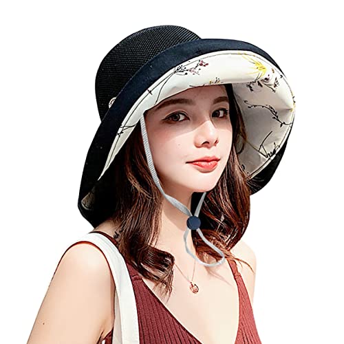 Women Summer Mesh Sun Hats Floppy Wide Brim UV Protection Fishing Hat Beach Hiking Garden Travel Lawn Work Cap Chin Strap (One Size / M9163-black)