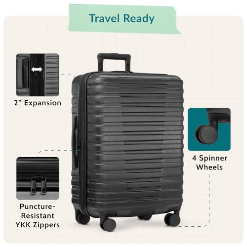 Boren Expandable Hardside Rugged Travel Luggage with 8 Spinner Wheels (Checked-Medium 26-Inch, No USB Port / Black)