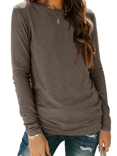 Long Sleeve Shirts for Women Casual Crewneck Tops Basic Tees (Large / 01darkcoffee)