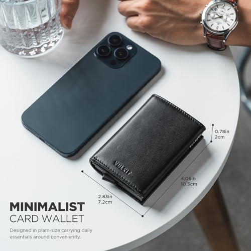 Pop up Card Wallet Minimalist Cash Wallets RFID Blocking Leather Smart Credit Card Holder with ID window for Men (Top-Grain Cowhide Black)