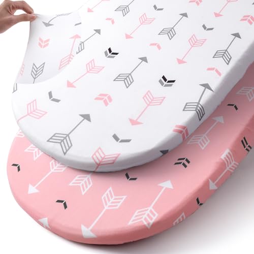 Stretch Fitted Bassinet Sheet Set BROLEX 2 Pack Cradle Sheets for Bassinet Pad (Pink White Arrow / 32x16 Inch)