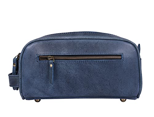 10" Premium Leather Toiletry Travel Pouch With Waterproof Lining (Royal Blue)